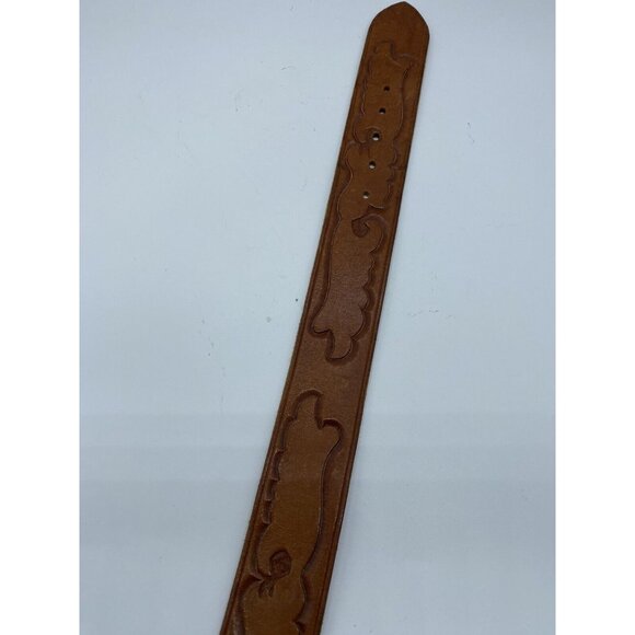 Brown Women's Embossed Belt Genuine Leather Size 26 Brass Buckle - Picture 5 of 16
